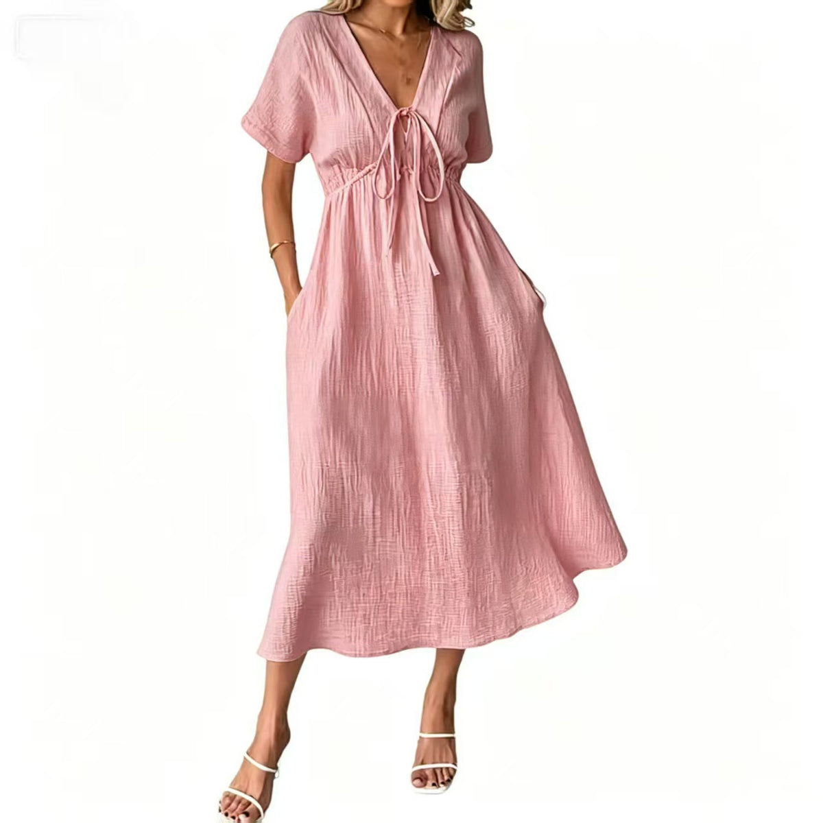 Women’s V-Neck Midi Dress – Short Sleeves & Tie Waist