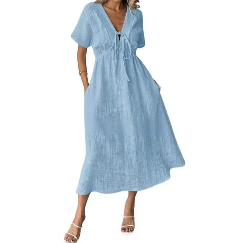 Women’s V-Neck Midi Dress – Short Sleeves & Tie Waist