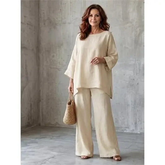 Nexvara™Linen Blend Crew Neck Shirt And Wide Leg Pants Set