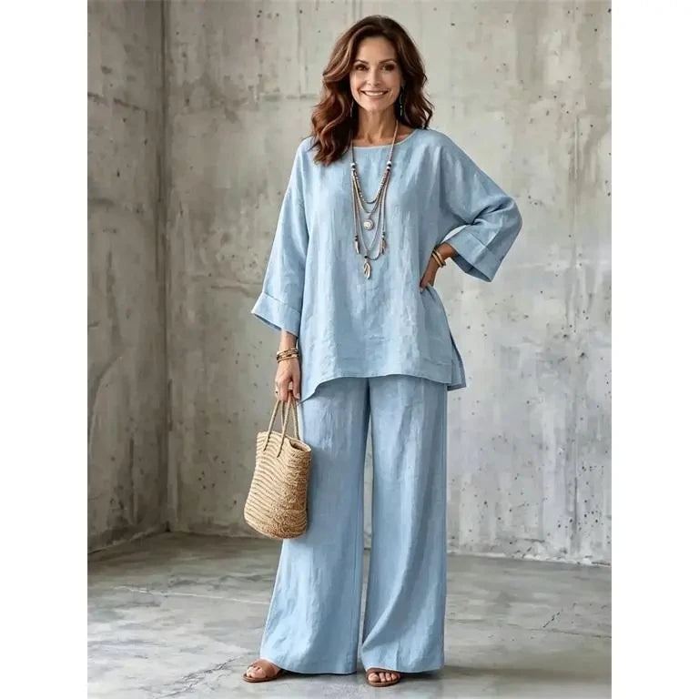 Nexvara™Linen Blend Crew Neck Shirt And Wide Leg Pants Set