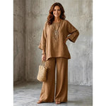 Nexvara™Linen Blend Crew Neck Shirt And Wide Leg Pants Set