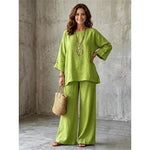 Nexvara™Linen Blend Crew Neck Shirt And Wide Leg Pants Set