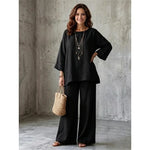Nexvara™Linen Blend Crew Neck Shirt And Wide Leg Pants Set
