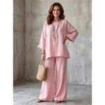 Nexvara™Linen Blend Crew Neck Shirt And Wide Leg Pants Set