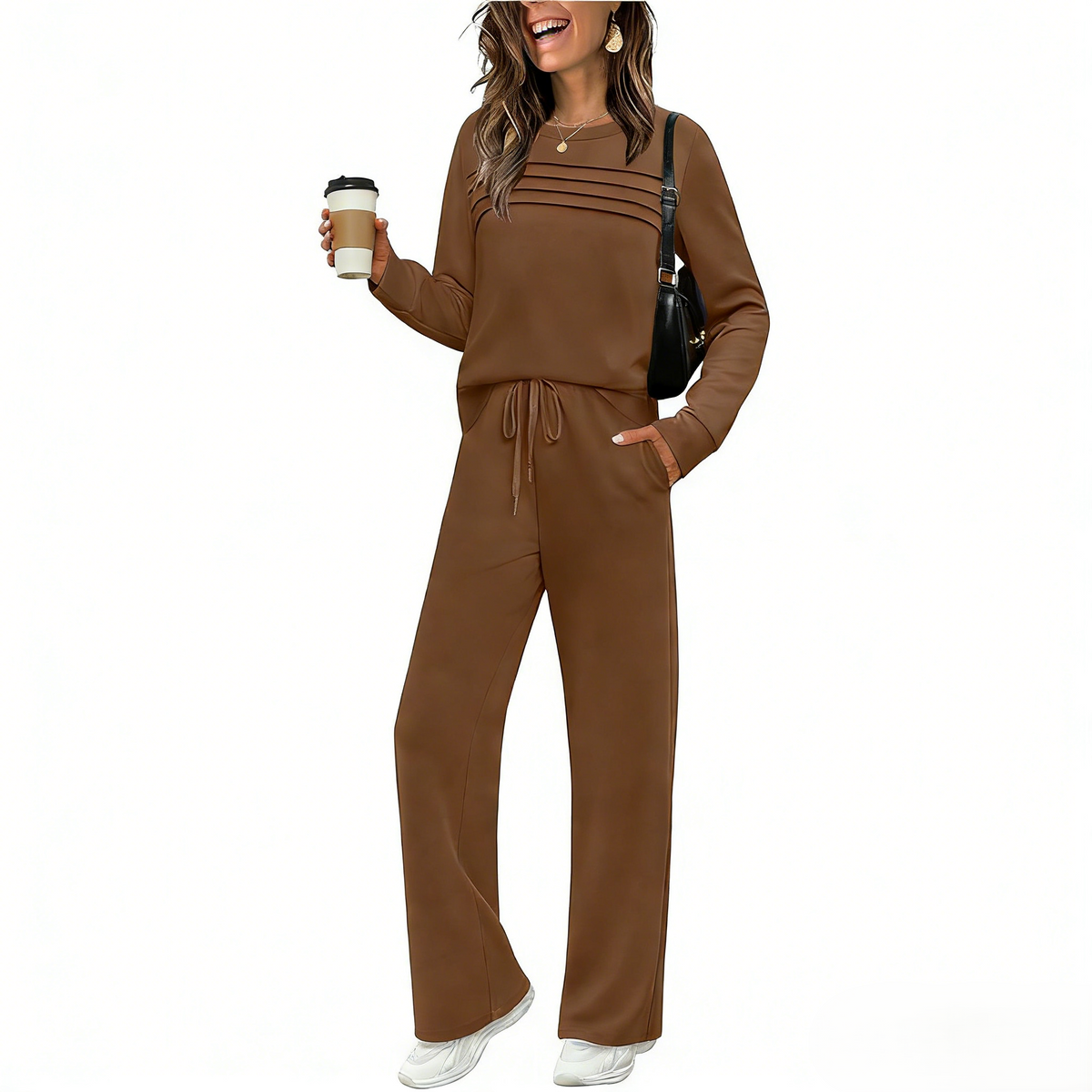 Women’s Two-Piece Set – Pleat-Detail Top & Wide-Leg Pants
