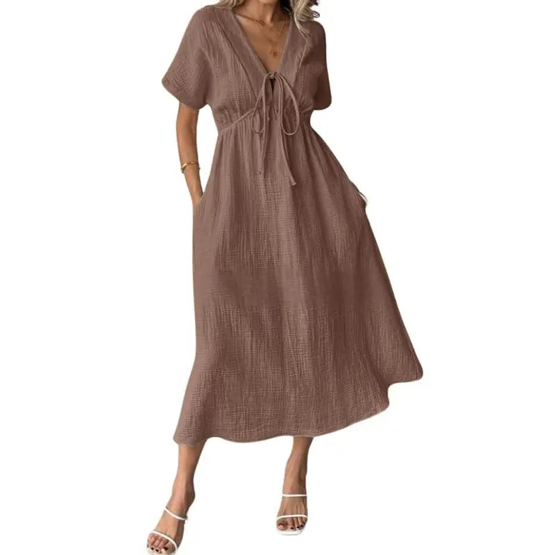 Women’s V-Neck Midi Dress – Short Sleeves & Tie Waist