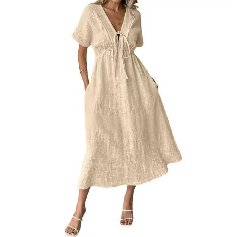 Women’s V-Neck Midi Dress – Short Sleeves & Tie Waist