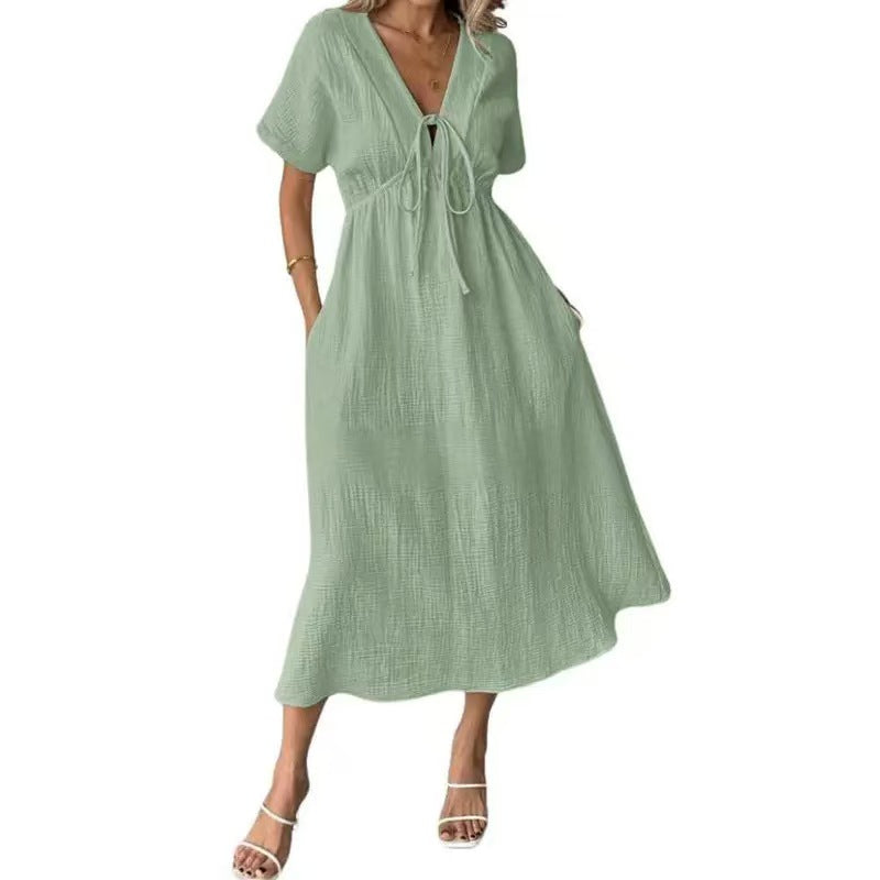 Women’s V-Neck Midi Dress – Short Sleeves & Tie Waist