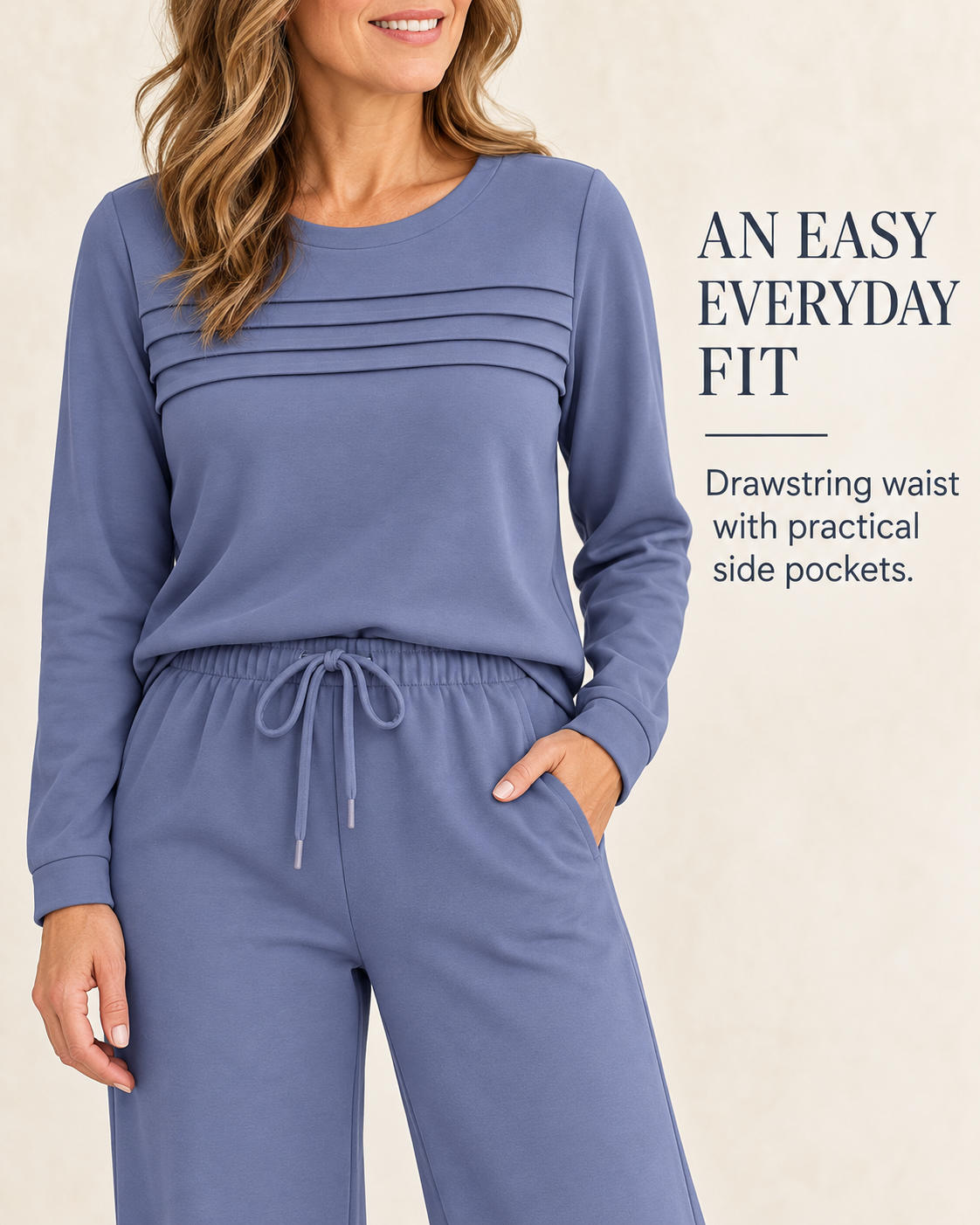 Women’s Two-Piece Set – Pleat-Detail Top & Wide-Leg Pants