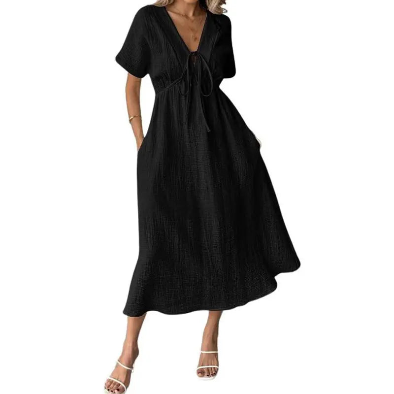 Women’s V-Neck Midi Dress – Short Sleeves & Tie Waist