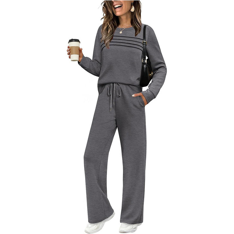 Women’s Two-Piece Set – Pleat-Detail Top & Wide-Leg Pants