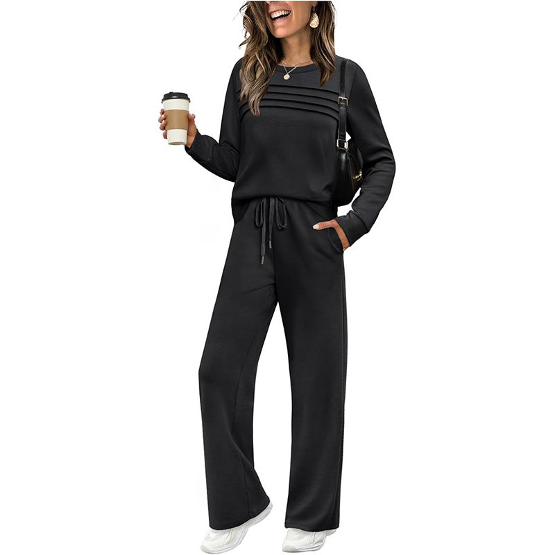 Women’s Two-Piece Set – Pleat-Detail Top & Wide-Leg Pants