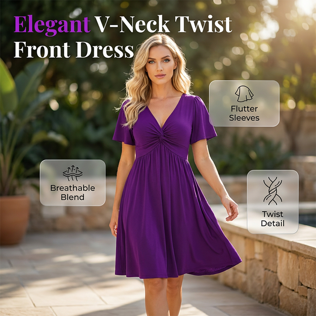👗 50% OFF NOW! 🌸 Elegant V-Neck Twist Front Dress with Pockets – Flattering ruched waist, breathable & flowy